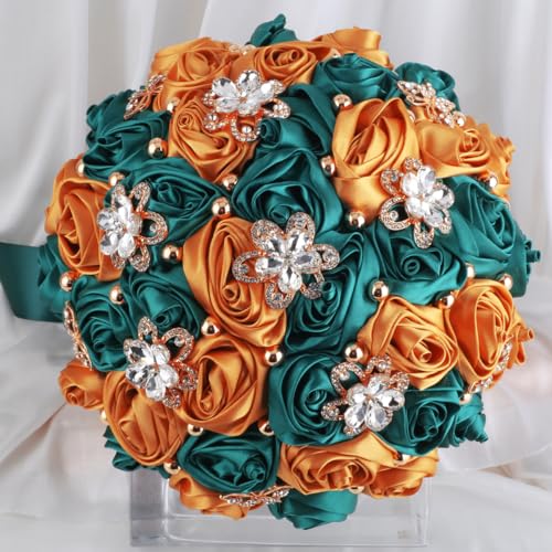 Nvzi Brautstrauß, Brautjungfer, Satin-Rose, künstliche Perlen, Satinbänder, Hochzeitsblumenstrauß, Grün / Orange Nvzi Brautstrauß, Brautjungfer, Satin-Rose, künstliche Perlen, Satinbänder, Hochzeitsblumenstrauß, Grün / Orange von Nvzi
