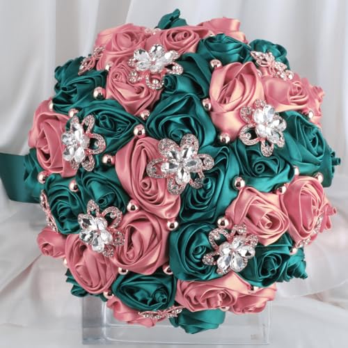 Nvzi Brautstrauß, Brautjungfer, Satin-Rose, künstliche Perlen, Satinbänder, Hochzeitsblumenstrauß, Grün / Rosa Nvzi Brautstrauß, Brautjungfer, Satin-Rose, künstliche Perlen, Satinbänder, Hochzeitsblumenstrauß, Grün / Rosa von Nvzi