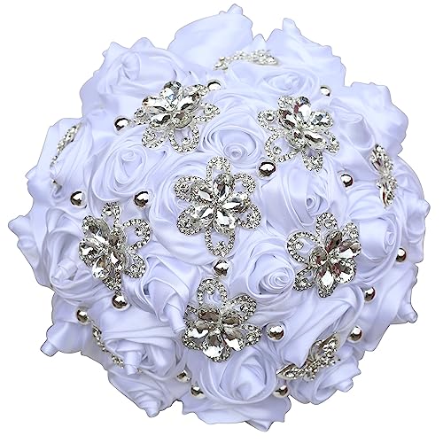 Nvzi Brautstrauß, Brautjungfer, Satin-Rose, künstliche Perlen, Satinbänder, Hochzeitsblumenstrauß, Weiß Nvzi Brautstrauß, Brautjungfer, Satin-Rose, künstliche Perlen, Satinbänder, Hochzeitsblumenstrauß, Weiß von Nvzi