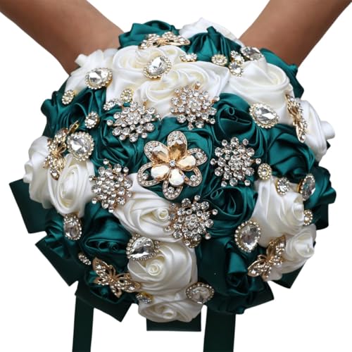 Nvzi Handgefertigter Luxus-Hochzeitsstrauß, große Seidenrose, zum Werfen, künstliche Blumen, Blumensträuße, Vintage, königlicher Hochzeitsstrauß (Grün + Weiß) von Nvzi