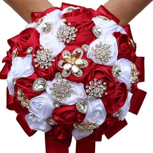 Nvzi Handgefertigter Luxus-Hochzeitsstrauß, große Seidenrose, zum Werfen, künstliche Blumen, Blumensträuße, Vintage, königlicher Hochzeitsstrauß (rot + weiß) von Nvzi