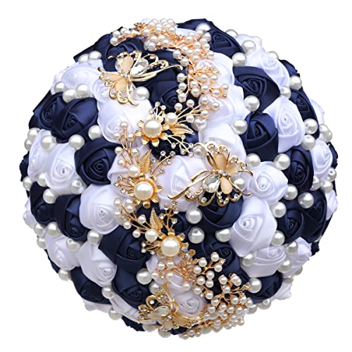 Nvzi Handgefertigter Rosenstrauß aus Satin, rund, Hochzeitsstrauß, Überwurf, künstlicher Blumenstrauß, dunkelblau - A Nvzi Handgefertigter Rosenstrauß aus Satin, rund, Hochzeitsstrauß, Überwurf, künstlicher Blumenstrauß, dunkelblau - A von Nvzi