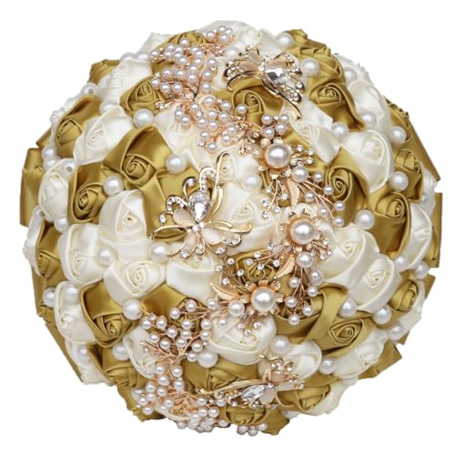 Nvzi Handgefertigter Rosenstrauß aus Satin, rund, Hochzeitsstrauß, Überwurf, künstlicher Blumenstrauß, goldfarben / beige Nvzi Handgefertigter Rosenstrauß aus Satin, rund, Hochzeitsstrauß, Überwurf, künstlicher Blumenstrauß, goldfarben / beige von Nvzi