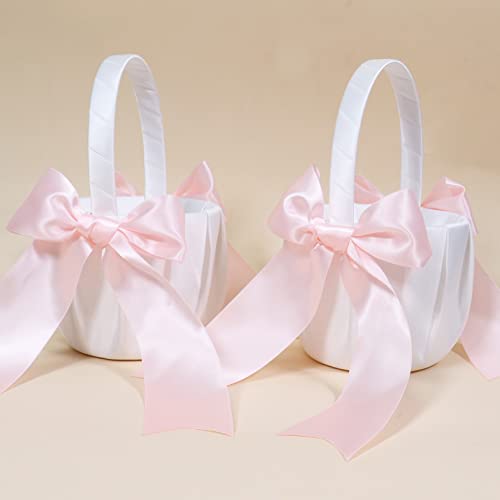 2 Stück Blumenmädchen Korb mit rosa Schleife Hochzeitskorb für Blumenmädchen niedlicher Satin-Blumenmädchen-Korb von Nwvuop
