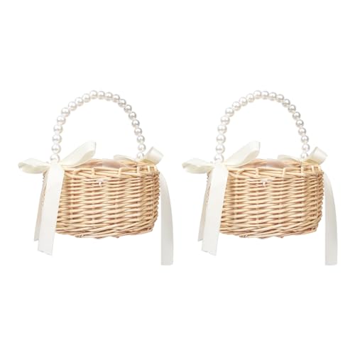 2 Stück Wicker Blumenmädchen Korb für Hochzeiten, Rattan Blumen Korb Handmade körbchen mit henkel, weidenkorb Blumenkorb für Hochzeit Party von Nwvuop