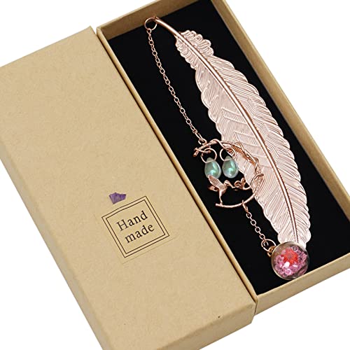 Metall-Feder-Lesezeichen mit 3D-Kolibri- und Glasperlen-Anhänger, handgefertigtes Vintage-Lesezeichen mit Geschenkbox, Lesezeichen Geschenke für Frauen, Kinder, Leser, Lehrer, Rosa Metall-Feder-Lesezeichen mit 3D-Kolibri- und Glasperlen-Anhänger, handgefertigtes Vintage-Lesezeichen mit Geschenkbox, Lesezeichen Geschenke für Frauen, Kinder, Leser, Lehrer, Rosa von Nwvuop