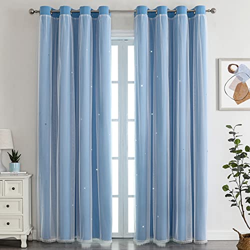 Nyescasa Verdunklungs Vorhänge Kinderzimmer Vorhang Doppellagige Gardienen mit Höhlen Sterne mit Voile Ösenschal für Wohnzimmer Schlafzimmer Mädchen Dekoschal 2er Set 130x100cm(H×B) Blau von Nyescasa