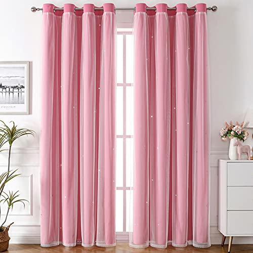 Nyescasa Verdunklungs Vorhänge Kinderzimmer Vorhang Doppellagige Gardienen mit Höhlen Sterne mit Voile Ösenschal für Wohnzimmer Schlafzimmer Mädchen Dekoschal 2er Set 130x100cm(H×B) Rosa von Nyescasa