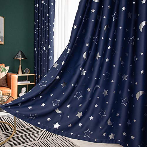 Nyescasa Vorhänge mit Sternen und Mond Verdunkelungs Vorhänge Lsolierung Vorhänge für Kinder Mädchen Schlafzimmer Wohnzimmer Moderne Einfachheit Stil 2 Panel Navy Blau B 100 x H 200 cm von Nyescasa