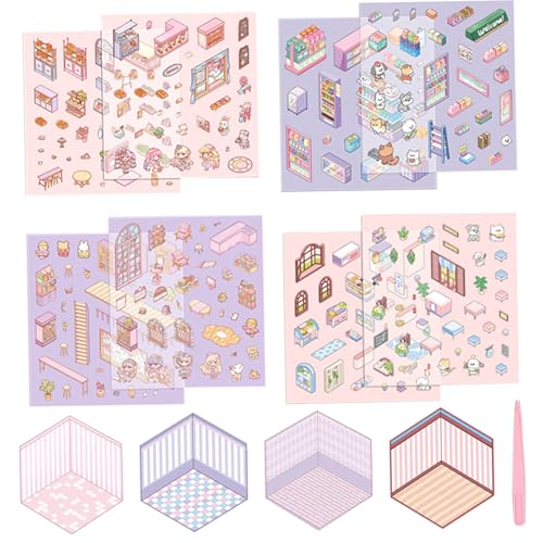 Zimmeraufkleberbuch, 4 Sets süßer lustiger Cartoon 3D -Aufkleber -Szene, Supermarkt Bakery Library Restaurant DIY 3D House Sticker mit Pinzetten, Relief Stress isometrische Raumaufkleber für Erwachse von Nyutcwe