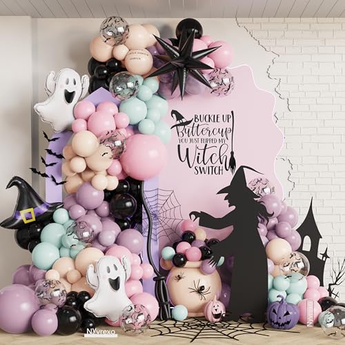 Halloween-Ballon-Bogen-Girlande-Set, 139 Stück, staubig, lila, grün, schwarz, rosa, Geister-Hexenhut, Explosionsstern-Folienballons für Halloween-Geburtstagsparty-Dekorationen von Nyvrexo