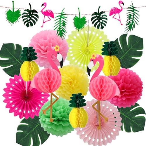 Hawaiianische tropische Geburtstagsparty-Dekorationen, Flamingo und Palmblätter, Banner, Ananas, Flamingo, Wabenball, Seidenpapier-Fächer, Pompons, Blumen für Sommer, Luau, Strandparty, Suuplies Hawaiianische tropische Geburtstagsparty-Dekorationen, Flamingo und Palmblätter, Banner, Ananas, Flamingo, Wabenball, Seidenpapier-Fächer, Pompons, Blumen für Sommer, Luau, Strandparty, Suuplies von Nyvrexo