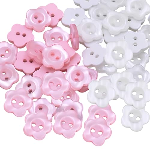 Nzexlyva 100 Stück 2-Loch-Blumen-Harzknöpfe, Perlglanz-Nähknöpfe, Baby-Harz-Knöpfe für handgefertigte Nähen, Stricken, Puppen, Basteln, Dekoration, Knöpfe für Baby-Strickjacken (weiß + rosa) von Nzexlyva