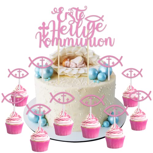 11 Stück Taufe Kuchen Dekoration, Kommunion Torten Topper, Fische Streudeko, Erstkommunion Cake Deco, Kuchen Deko für Junge Mädchen von O-Kinee