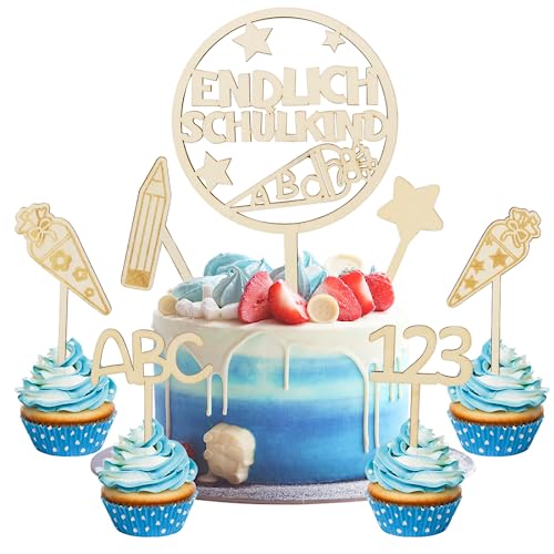 7 Stk Tortendeko Einschulung Holz Cake Topper Einschulung Set Schulkind Tortendeko Schulanfang Kuchen Dekoration für Mädchen Junge Schuleinführung Party Deko von O-Kinee