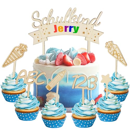 7 Stk Cake Topper Schulkind Holz, Tortendeko Einschulung, Schulanfang Cupcake Toppers, ABC 123 Kuchendeko, Schulkind Torten Topper für Mädchen Junge Schuleinführung Party Deko von O-Kinee