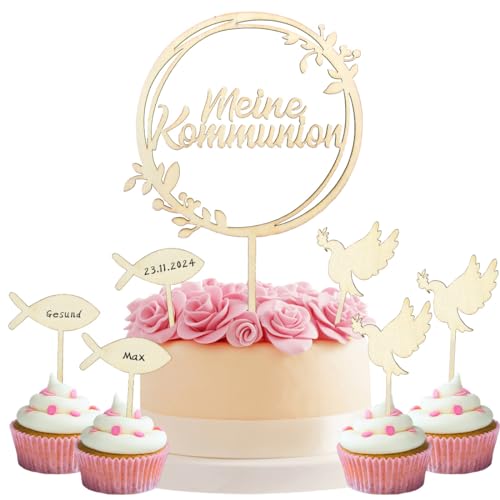 7 Stück Cake Topper Kommunion, Holz Tortendeko Meine Kommunion Torten Topper, Erstkommunion Kuchen Dekoration für Taufe Junge Mädchen von O-Kinee