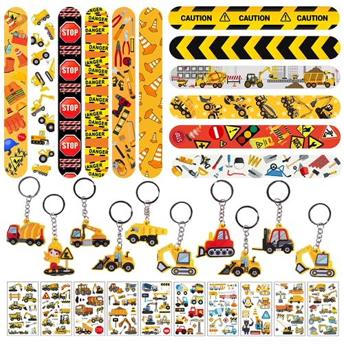 O-Kinee Construction Party Kindergeburtstag Mitgebsel, Baustelle Schnapparmband, Bagger Schlüsselanhänger, Baustellen Aufkleber, Give Aways Gastgeschenk Kinder für Bau Themen Party Goodie Bag Stuffers von O-Kinee