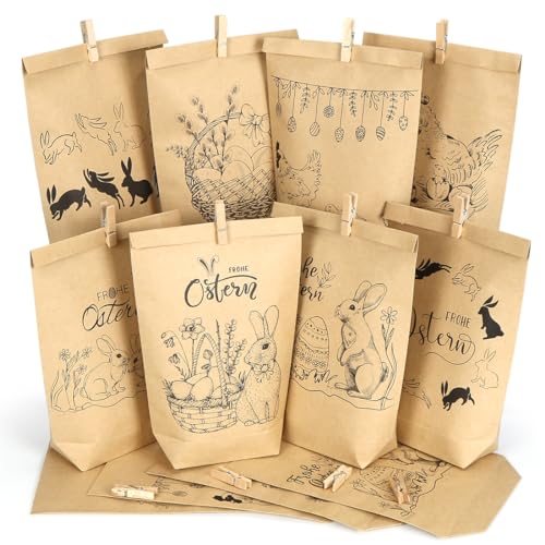 Geschenktüten zu Ostern, 12 Schwarz bedruckte Osterhase Papiertüten Set, Bedruckte Ostertüten zum Befüllen, Ostern Papiertüten, Ostereiern und Frohe Ostern Geschenktüten für Osternest Dekoration von O-Kinee