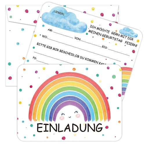 12 Einladungskarten Kindergeburtstag Mädchen, Einladungskarten Regenbogen Geburtstag mit Briefumschläge, Einladung Kindergeburtstag, Geburtstagseinladungen, Regenbogen Einladung zur Geburtstagsfeier von O-Kinee