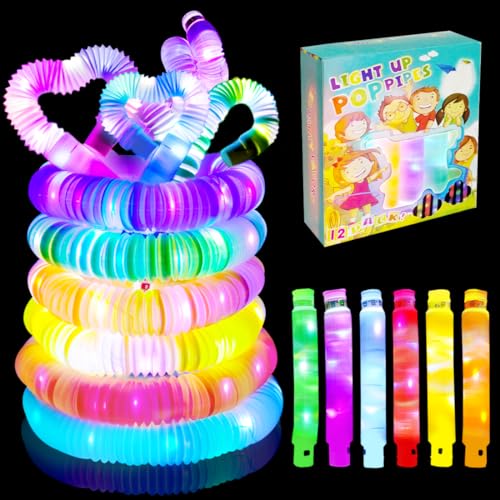 12 Stück Pop Tubes, Fidget Toys Knicklichter, 2024 LED Pop Tubes, Buntes LED Stretchrohr, Leuchtende Armbänder Party Set Mitgebsel Kinder geburtstag Karneval Geschenke Neujahrs Festival Zubehör von O-Kinee