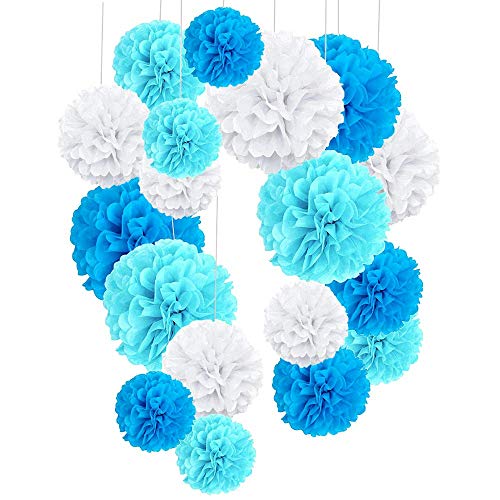 O-Kinee 24er Blau Deko Seidenpapier Pompons für Hochzeit, Taufe Junge, Geburtstag, Party, Baby Shower Baby-Duschen Graduierung Konfirmation Junge weiß blau von O-Kinee