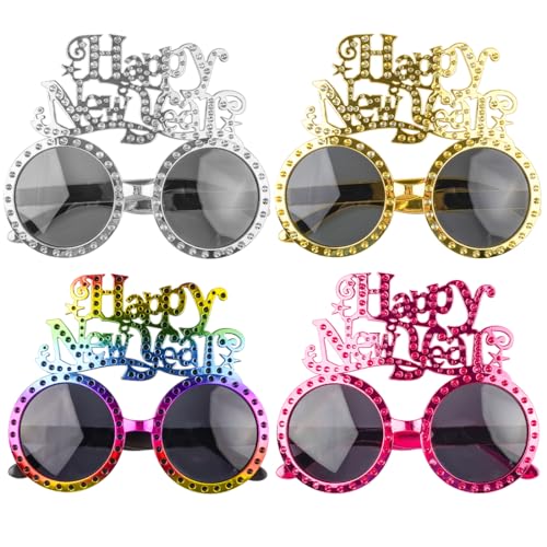 O-Kinee 4 Stück 2024 Frohes Neues Jahr Brillen，Silvester brille für Neujahrsparty,Silvester accessoires Foto Requisiten Partybrille von O-Kinee