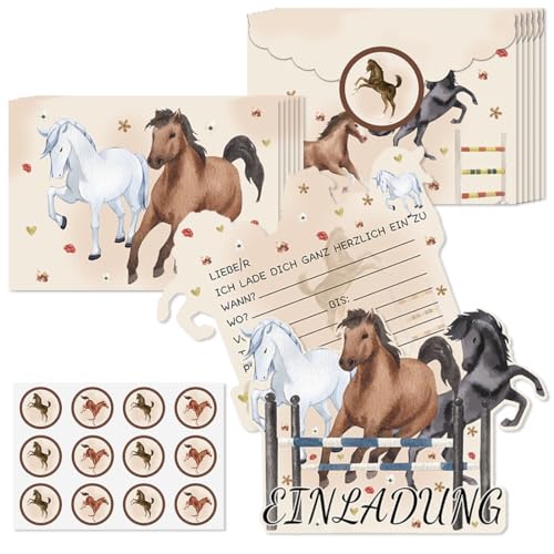 O-Kinee 12 Einladungskarten Pferde, Geburtstagskarte Pferd mit Umschläge, Einladung Pferde Kindergeburtstag, Einladungskarten Kindergeburtstag Pferd für Junge Mädchen Partyeinladungen von O-Kinee