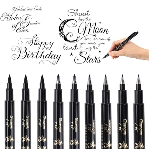 O-Kinee Kalligraphie Stifte - 9 Stück Kalligraphie Kugelschreiber Schwarze Fasermaler Pinsel Stift - für Schriftzug, Anfänger Tagebuch, Unterschrift, Beschriftung, Design und Zeichnung (4 Größen) von O-Kinee