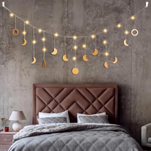 O-Kinee Mondphasen Girlande Mit Lichterkette,Schlafzimmer Wanddeko Boho,Mondlampe Ramadan Deko,Boho Lichterkette Schlafzimmer,Mond Girlande Aesthetic Room Decor,Mondlampe Wanddeko Led 144cm 13 Monde von O-Kinee
