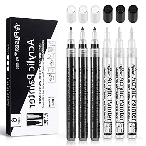 Premium Acrylstifte für Steine, 6 Pack 0.7 mm Wasserfest Acrylstifte Marker Stifte für Steine Holz Metall Leinwand Glas Papier Leder Keramik DIY Zeichnung (3 weiße und 3 schwarze) von O-Kinee