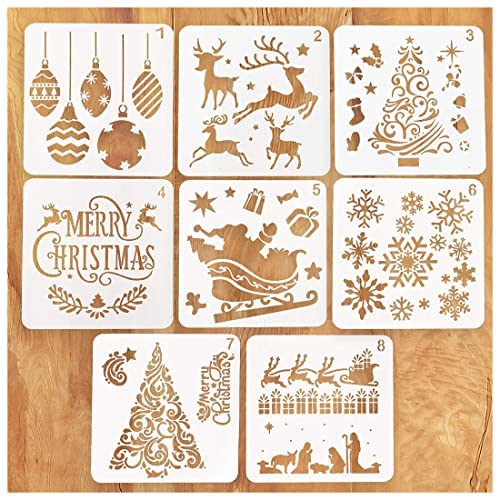 Schablonen Weihnachten, 8 Stück Zeichenschablonen Malschablonen aus Kunststoff, Stencil Schablonen Wiederverwendbar für Scrapbooking Fotoalbum, DIY Geschenkkarten, Geschenke Weihnachten Kinder von O-Kinee