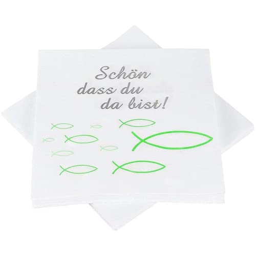 Servietten Fisch Grün, Taufdeko Mädchen, Servietten für Konfirmation Kommunion Taufe Tischdeko, Servietten Glaube Fisch Tisch Deko - 33x33 cm, 32 Stück von O-Kinee