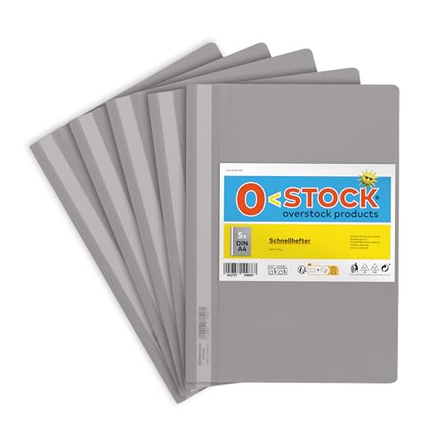 5 x Schnellhefter A4, Farbe Grau, stabil, transparente Vorderseite, Metall-Abheftmechanik, made in Germany von O-STOCK