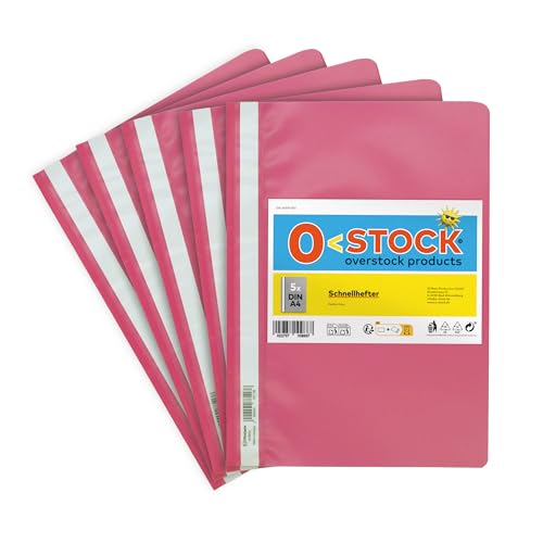 5 x Schnellhefter A4, Farbe Rosa, stabil, transparente Vorderseite, Metall-Abheftmechanik, made in Germany von O-STOCK