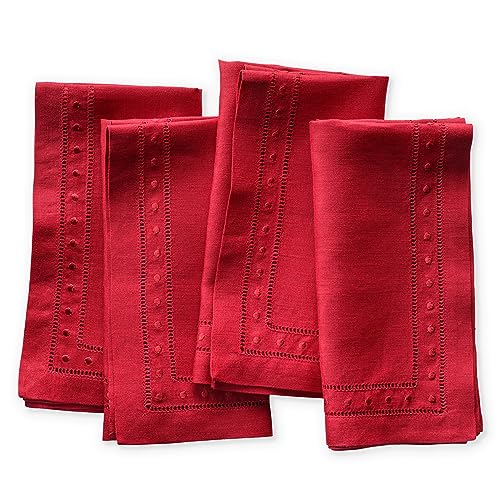 O'lucio Leinenservietten, Rot, 45 x 45 cm, Set mit 4 gesäumten Servietten, Stoff mit gesticktem Schweizer Punkt, maschinenwaschbar, französischer Flachs, natürlicher Stoff von O'lucio Authentique Home