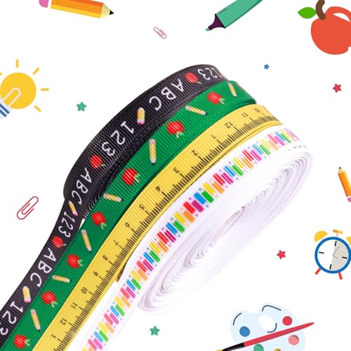 Ripsband für Lehrer mit Schulmotiven, 0,95 cm x 9,1 m, für Klassenzimmer, Bastelarbeiten, Lehrer, Wertschätzung, Geschenke, Schulanfang, Partyzubehör, Dekoration, Haarschleifen, 4 Rollen von OAKTECH