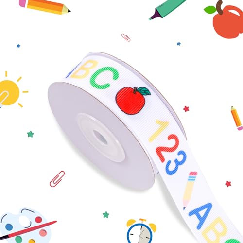 Schleifenband mit Schulthema, 2,2 cm x 9,1 m, Ripsbänder für Lehrer, Bastelarbeiten, Lehrer, Wertschätzung, Verpackung, Geschenke, Schulanfang, Partyzubehör, Dekoration, Haarschleifen (weiße Zahl) von OAKTECH