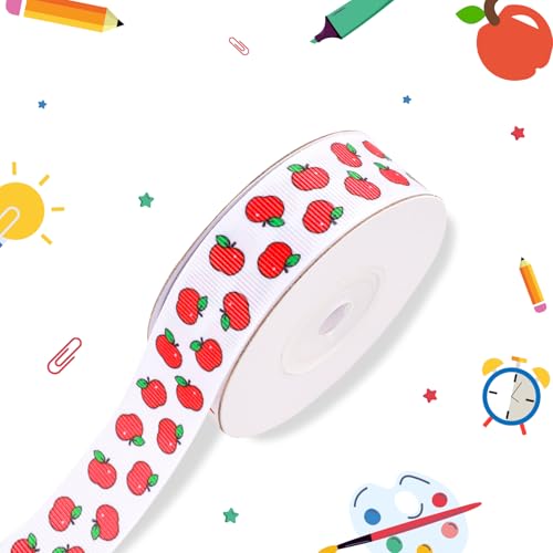 Schleifenband mit Schulthema, 2,2 cm x 9,1 m, Ripsbänder für Lehrer, Bastelarbeiten, Lehrer-Wertschätzung, Verpackung, Geschenke, Schulanfang, Partyzubehör, Dekoration, Haarschleifen (Weiß-Apfel) von OAKTECH