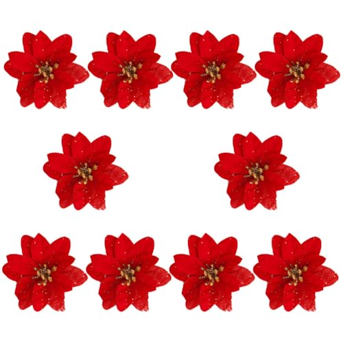 OATIPHO Künstliche Weihnachtsblumen, 10 Stück, Rot, Blume, Weihnachtsdekoration, Polypropylen, Kunststoff, Paillettenstoff, Weihnachtsstern, Glitter, Weihnachtsbaum, Hochzeit, Party von OATIPHO