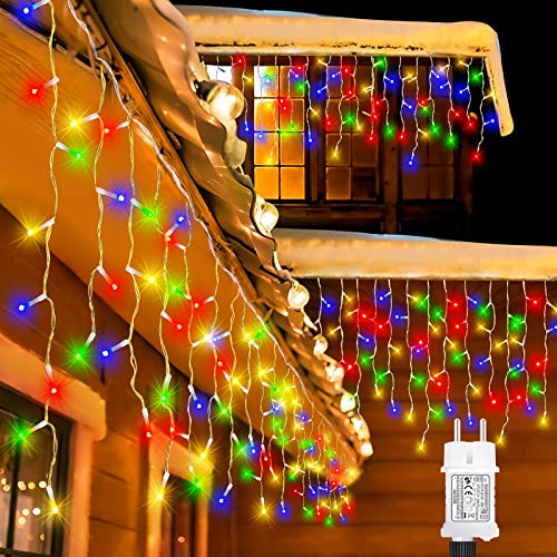 Eisregen Lichterkette Außen, 15M 630 LED Erweiterbar Eiszapfen Lichtervorhang Weihnachtsbeleuchtung mit 8 Modi, Timer und Speicherfunktion, Wasserdicht Bunt Lichterkette für Weihnachten Party Deko von OBOVO