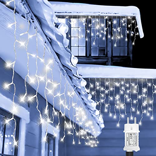 Lichterkette Eisregen Außen,10M 396 LED Erweiterbar Eiszapfen Lichtervorhang Weihnachtsbeleuchtung mit 8 Modi, Timer und Speicherfunktion, Wasserdicht Weiß Lichterkette für Weihnachten Party Deko von OBOVO