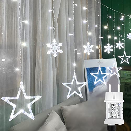 OBOVO LED Sterne Lichterkette mit Schneeflocke, 138 LED Erweiterbar Lichtervorhang Lichterkette mit Timer und Speicherfunktion, 8 Modi Weiß Weihnachtsbeleuchtung für Innen Außen Weihnachten Deko von OBOVO