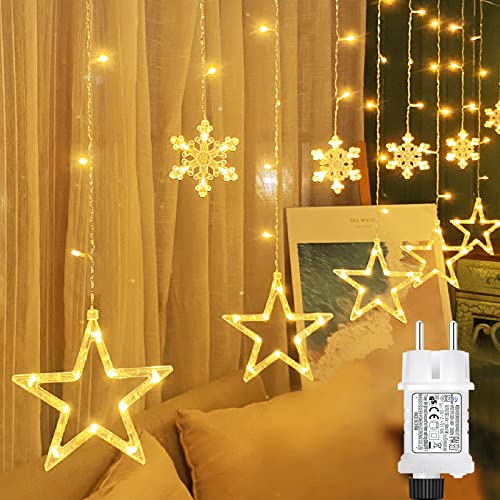 OBOVO LED Sterne Lichterkette mit Schneeflocke, 138 LED Erweiterbar Lichtervorhang Lichterkette mit Timer und Speicherfunktion, 8 Modi Warmweiß Weihnachtsbeleuchtung für Innen Außen Weihnachten Deko von OBOVO