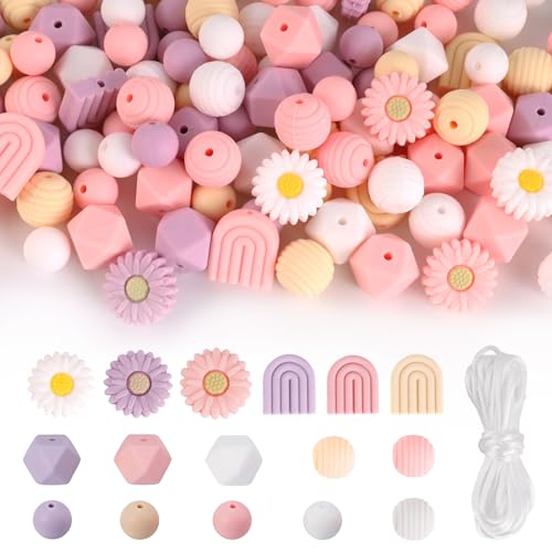 OCCOUMR 112 Stück Blumenförmige Silikonperlen Set, Gänseblümchen Bastelperlen, Rund Lose Bastelperlen mit Nylonseil für DIY Schmuck, Schlüsselanhänger, Armbänder von OCCOUMR