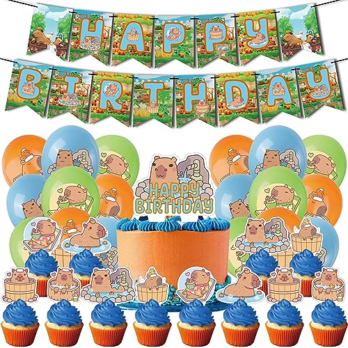 OCDSLYGB 32PCS Capybara Geburtstag Party Dekoration Capybara Geburtstag Luftballons Capybara Familie Folienballon Ballons Für Capybara-Liebhaber Happy Birthday Banner Cake Topper Ballons von OCDSLYGB