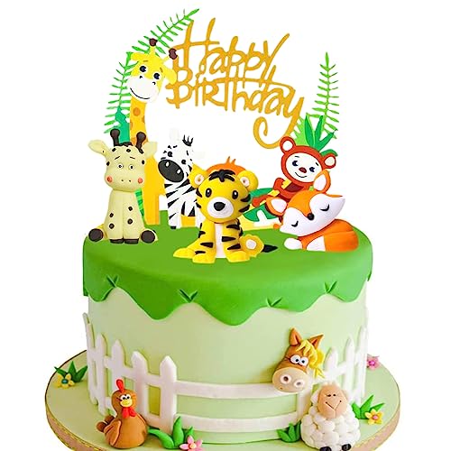 OCDSLYGB Tortendeko Wald Tiere,Tortendeko 1. Geburtstag für Kinder,3 Waldtiere Figuren 1 Happy Birthday Tortendeko für Torten Kinder-Fuchs Tortendeko Fuchs, Tiger, Giraffe Figuren von OCDSLYGB