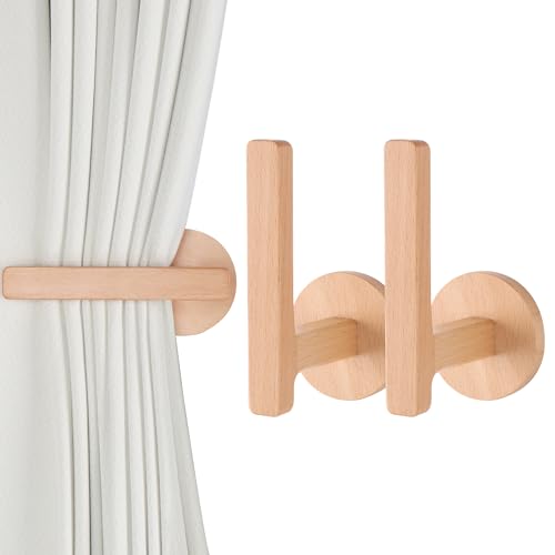 OCIOLI 2 Stück Vorhang-Raffhalter aus Holz, Selbstklebende Vorhanghalter, L-förmige Vorhanghaken, Vorhang-Raffhalter, Vorhang-Raffhalter für Vorhänge (Holz, 2) von OCIOLI