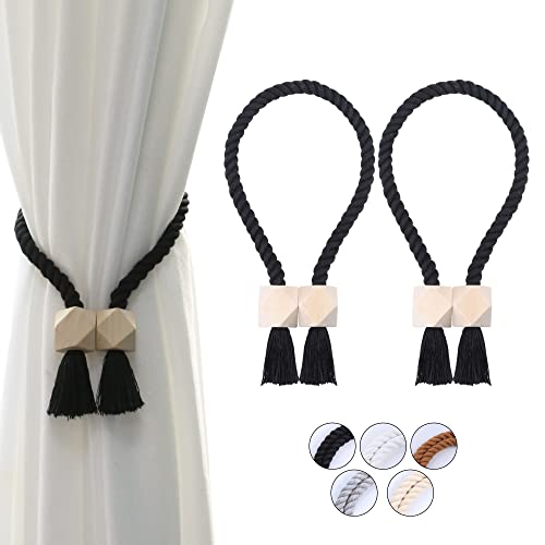 OCIOLI 2 Stück Starke magnetische Vorhang-Raffhalter, Vorhanghalter, Outdoor-Vorhang-Raffhalter, Baumwolle, handgewebt, Raffhalter, Vorhangbänder für Vorhänge (2, Schwarz) von OCIOLI