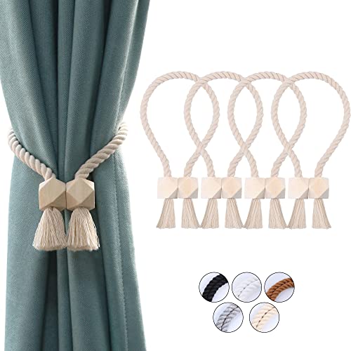OCIOLI 4 Stück Starke magnetische Vorhang-Raffhalter, Vorhanghalter, Outdoor-Vorhang-Raffhalter, Baumwolle, handgewebt, Raffhalter, Vorhangbänder für Vorhänge (Beige, 4) von OCIOLI